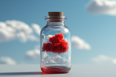 A red cloud, representing a precious idea, is sealed inside a glass jar against a sky background, symbolizing the protection of intellectual property.の素材