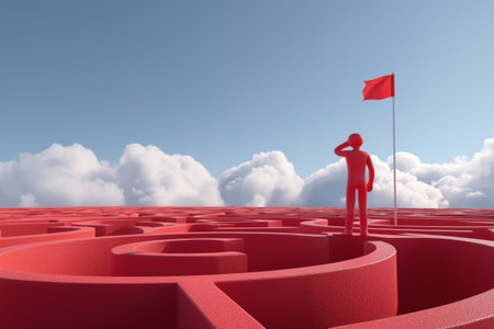 A red character stands in a massive labyrinth, looking towards a flag, symbolizing the challenge of finding a clear goal in a complex business environment.の素材