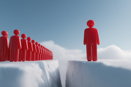 A red character is separated from the group by a large gap. Business metaphor for separation, conflict, disagreement, or a communication breakdown in a team.の素材
