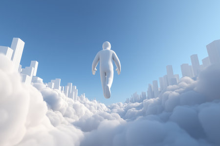 A figure walks on a path of clouds towards a futuristic city skyline. It represents a journey towards a future of business, technology, and urban development.の素材