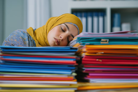 An exhausted office worker wearing a yellow hijab has fallen asleep at her desk, her head resting on a massive stack of colorful work files and folders.の素材