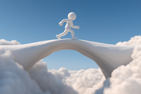 A character confidently walks across a bridge made of clouds, high in the sky. It represents career progression, overcoming challenges, and a successful journey.の素材