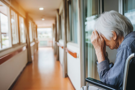 A desolate senior woman sits in a wheelchair in a long, empty hallway of a care facility, her head in her hands, depicting loneliness and despair.の素材