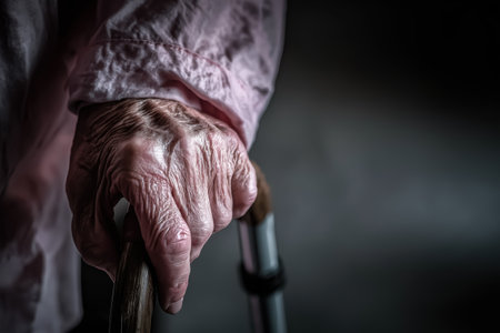 A close-up, poignant image of a senior's aged and wrinkled hand holding onto a walking cane, symbolizing the passage of time, fragility, and life.の素材