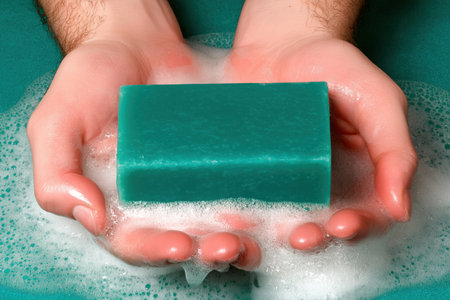 A pair of wet, male hands covered in white foam holds a solid bar of green soap over a turquoise surface, symbolizing cleanliness and hygiene.の素材