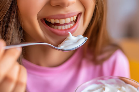 A close-up of a smiling woman's mouth as she eats a spoonful of delicious, healthy Greek yogurt. A great concept for diet, nutrition, and wellness.の素材