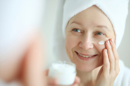 A happy mature woman with a towel on her head looks in the mirror and applies moisturizer to her cheek from a jar, enjoying her anti-aging beauty routine.の素材