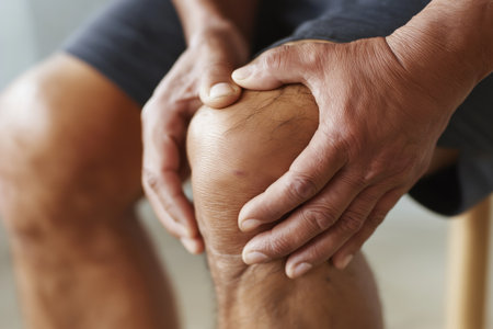 A close-up, side-view of a man's hands gripping his knee, indicating pain from an injury, arthritis, or overexertion from sports.の素材