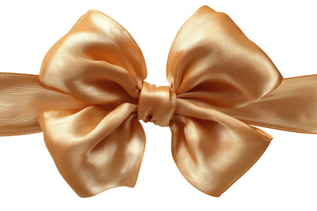 An elegant and luxurious golden gift bow made of shiny satin ribbon. This beautiful Christmas decoration is isolated on a plain white background.の素材