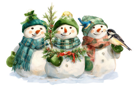 A cheerful group of three snowmen in cozy hats and scarves, interacting with little birds in the snow. Hand-drawn watercolor isolated winter illustration.の素材