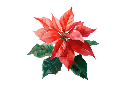 A stunning and vibrant red poinsettia flower with rich, dark green leaves, hand-drawn in watercolor. Isolated illustration for classic holiday decor.の素材
