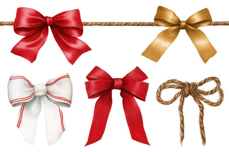 A set of hand-drawn watercolor Christmas bows. This isolated collection includes various ribbon styles in red, gold, and white for festive gift decoration design.の素材