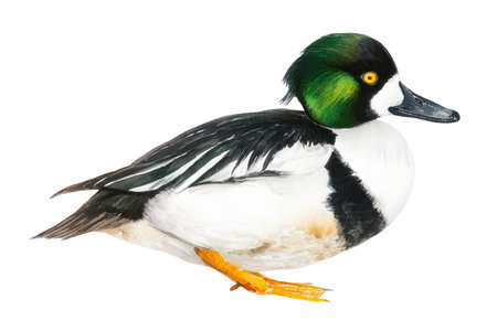 A striking hand drawn watercolor illustration of a male Common Goldeneye duck. This waterfowl with an iridescent green head is isolated on a white background.の素材