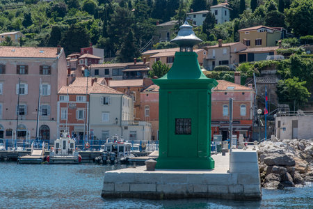 View of the red lighthouse on a pier, Piran, Slovenia, Europeの写真素材