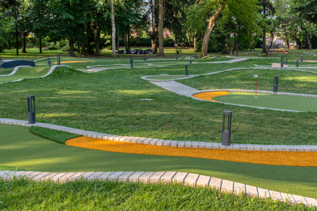 Beautiful mini golf course in forest at sunny day, Radenci, Sloveniaの写真素材