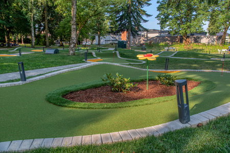 Beautiful mini golf course in forest at sunny day, Radenci, Sloveniaの写真素材