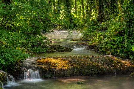 Turquoise color of water in the summer on the river Janj surrounded by forest.の写真素材