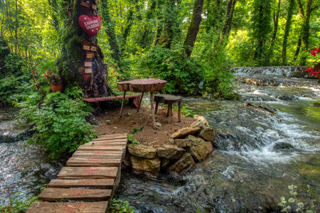 Turquoise color of water in the summer on the river Janj surrounded by forest.の写真素材