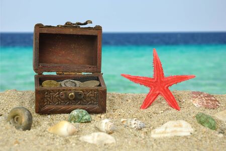 Summer scene #10 - Red Starfish on beach with treasureの写真素材