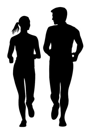 Couple jogging running exercising silhouetteのイラスト素材