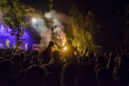 Young people audience in smoke in a crowd on a music festivalのeditorial素材