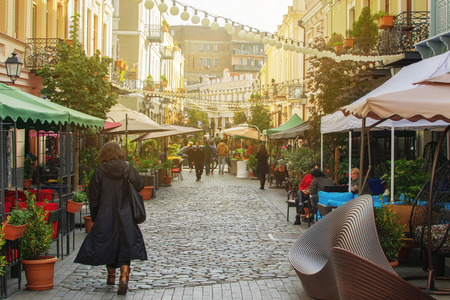TBILISI, GEORGIA - NOV 01 2018: People walking on reconstructed street David Agmashenebeli with lot of new restaurants and cafesのeditorial素材