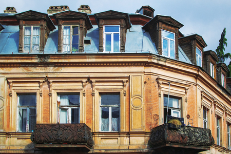 Beautiful old building on the corner of the street in Tbilisi old town, Georgiaの写真素材