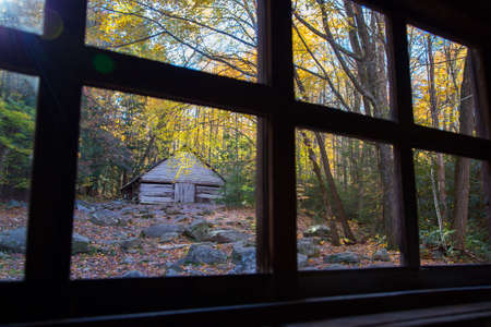 View of barn out of the windowの写真素材