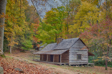 Mountain log cabin homestead with colorful fall foliageのeditorial素材