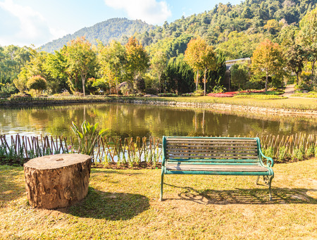 green chairs in the garden and flowers.の写真素材