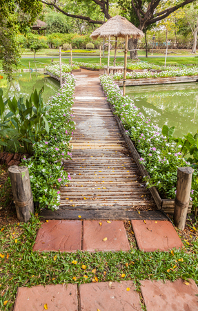bamboo bridge over the riverの写真素材