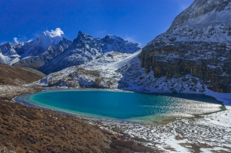 Milk Lake are situated at the saddle between Jampelyang and the south face of Chenresig の写真素材