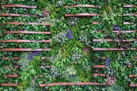 Wooden walls decorated with artificial plantsの写真素材