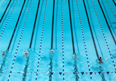 Bird eye view of blue swimming pool with swimmer.