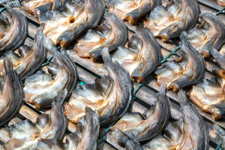 Dried fish on a bamboo panel.