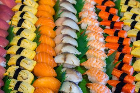 Colorful sushi, a delicious Japanese food menu.の写真素材