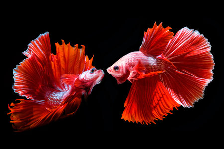 Colorful Siamese fighting fish on a black background.の写真素材