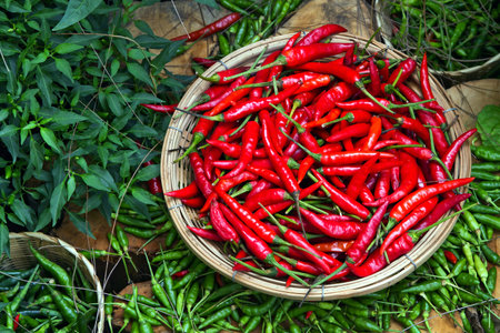 Red pepper in bamboo basket.の写真素材