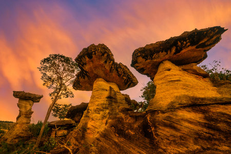 Natural stone pillars, sao chaliang,Pha Taem National Park Ubon Ratchathani Thailand.