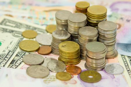 coins and bill backgroundの写真素材