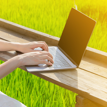 woman using laptop with green of field-business and people concept.の写真素材