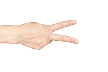 Hand sign of number two on white isolated backgroundの写真素材