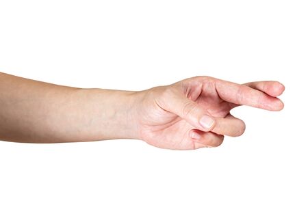 human hand show finger cross and lie symbol white isolated backgroundの写真素材