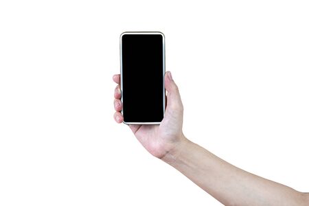 Hand holding cells phone on isolated white background with clipping path.の写真素材