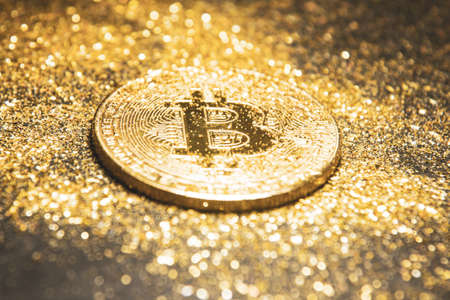 Bitcoin. Crypto currency Gold Bitcoin, BTC on black background Blockchain technology, bitcoin mining concept.の写真素材