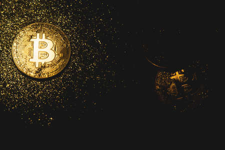 Bitcoin. Crypto currency Gold Bitcoin, BTC on black background Blockchain technology, bitcoin mining concept.の写真素材