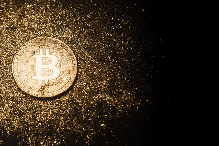 Bitcoin. Crypto currency Gold Bitcoin, BTC on black background Blockchain technology, bitcoin mining concept.の写真素材