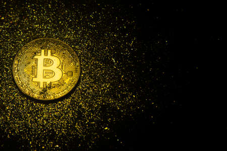 Bitcoin. Crypto currency Gold Bitcoin, BTC on black background Blockchain technology, bitcoin mining concept.の写真素材