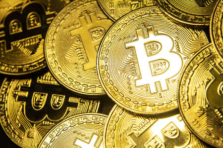 Bitcoin. Crypto currency Gold Bitcoin, BTC on black background Blockchain technology, bitcoin mining concept.の写真素材
