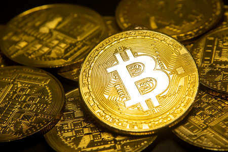 Bitcoin. Crypto currency Gold Bitcoin, BTC on black background Blockchain technology, bitcoin mining concept.の写真素材